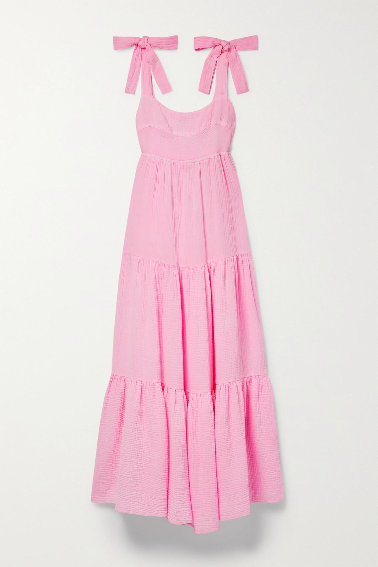 Honorine Marguerite Tiered Cotton-seersucker Maxi Dress in Pink | Lyst