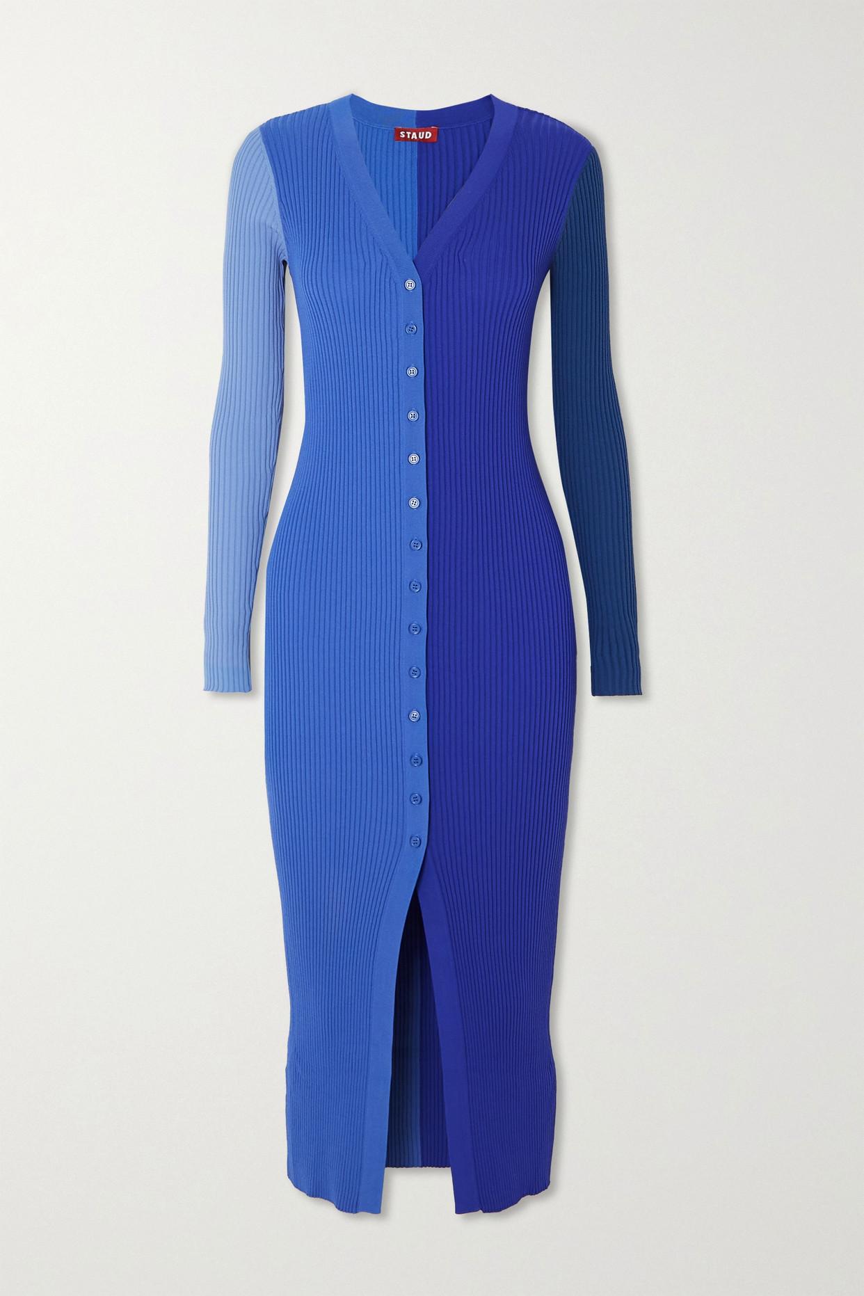 STAUD Shoko Colorblock Ribbedknit Midi Dress in Blue Lyst