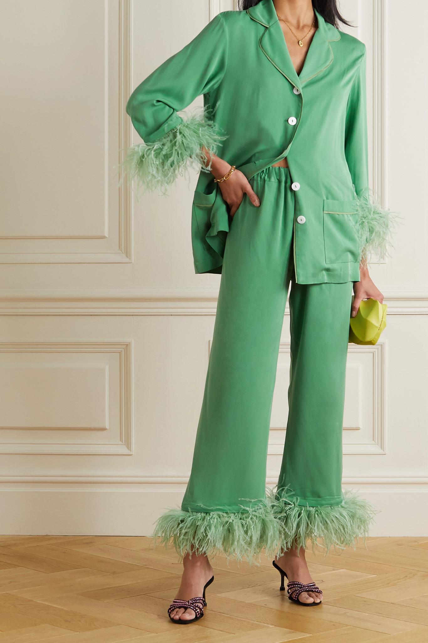 Sleeper Feather-trimmed Crepe De Chine Pajama Set in Green | Lyst