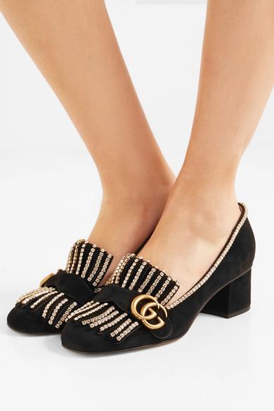 Gucci Marmont Crystal-embellished Fringed Suede Pumps in Black | Lyst