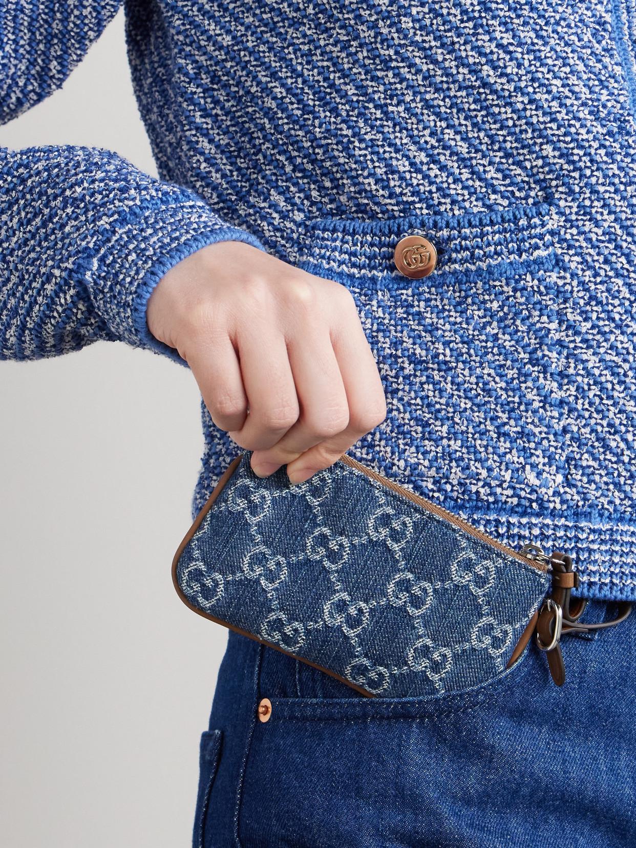 Gucci Leather-Trimmed Denim-Jacquard Cardholder in Blue 