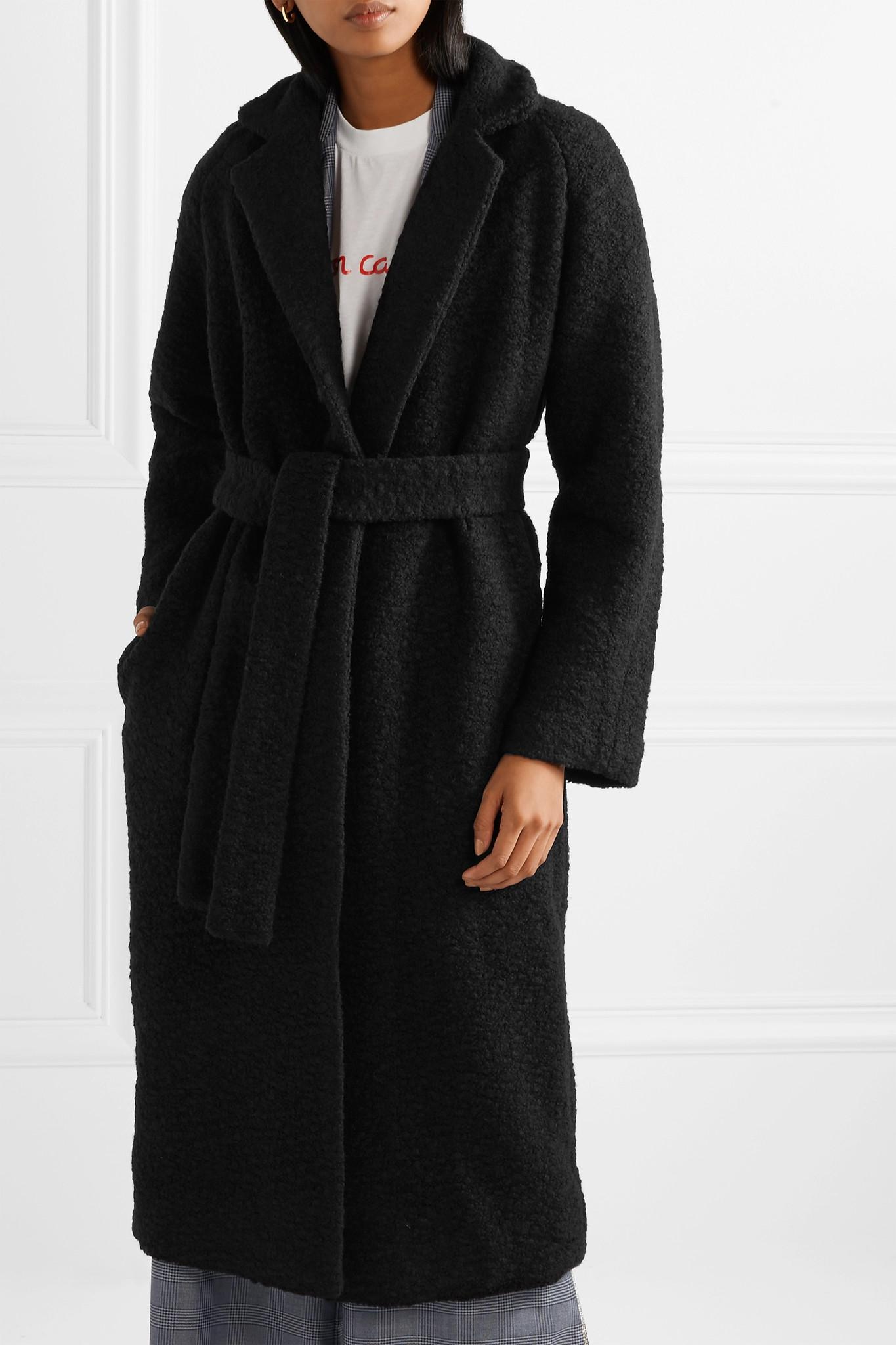 Ganni Oversized Belted Wool-blend Bouclé Coat in Black - Lyst