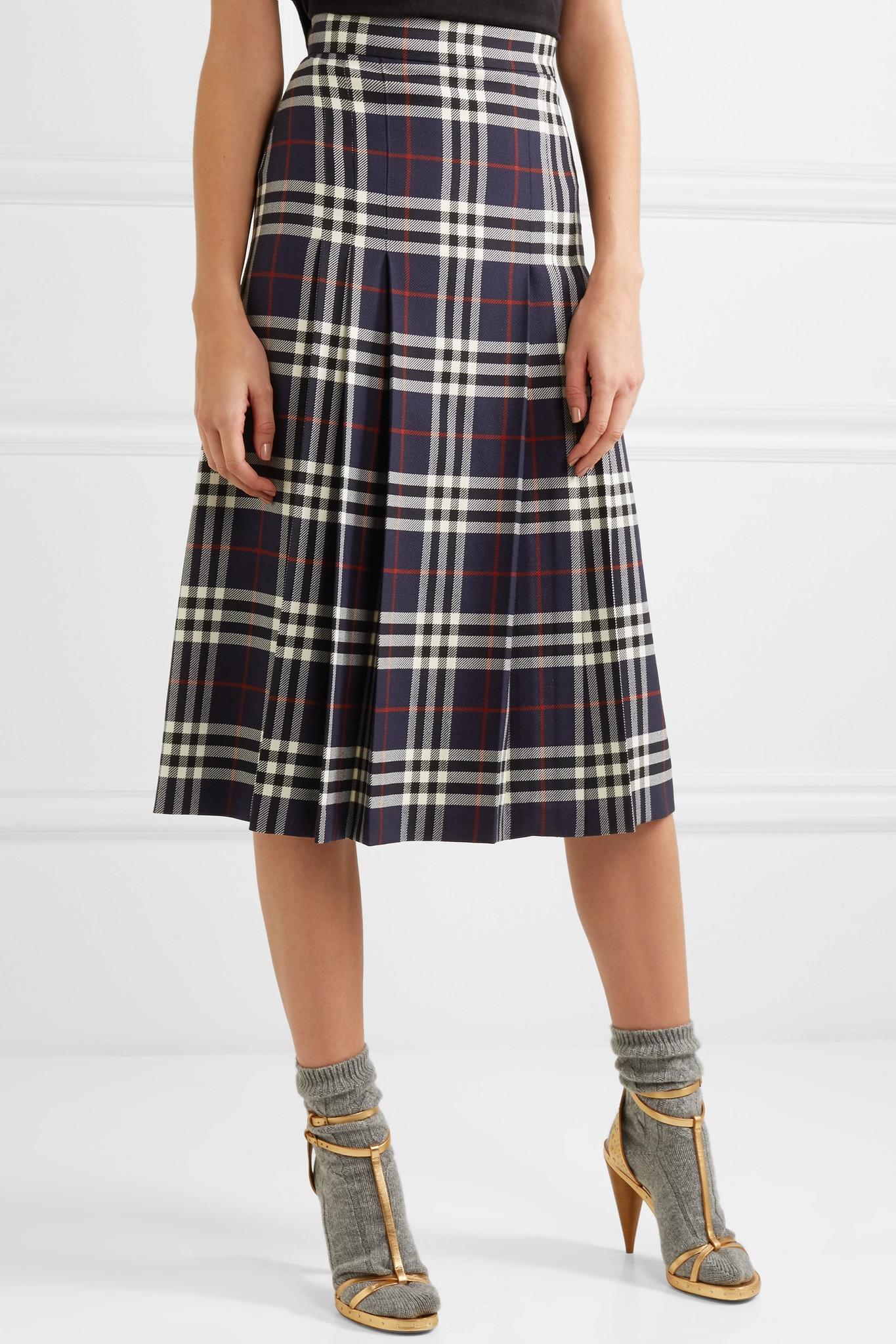 Burberry Pleated Checked Wool Midi Skirt in Navy (Blue) - Lyst