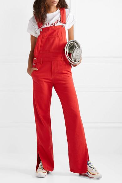 red denim overalls