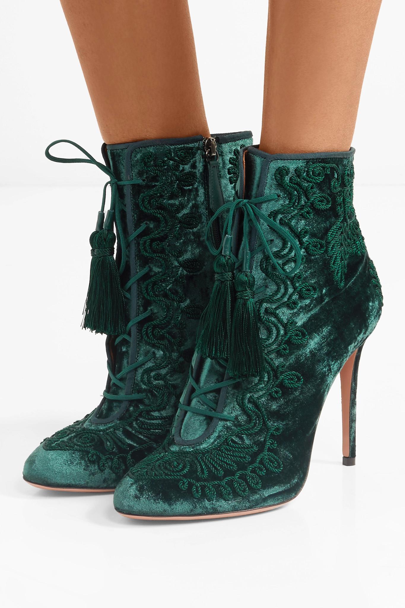 Aquazzura Almaty Laceup Embroidered Crushedvelvet Ankle Boots in