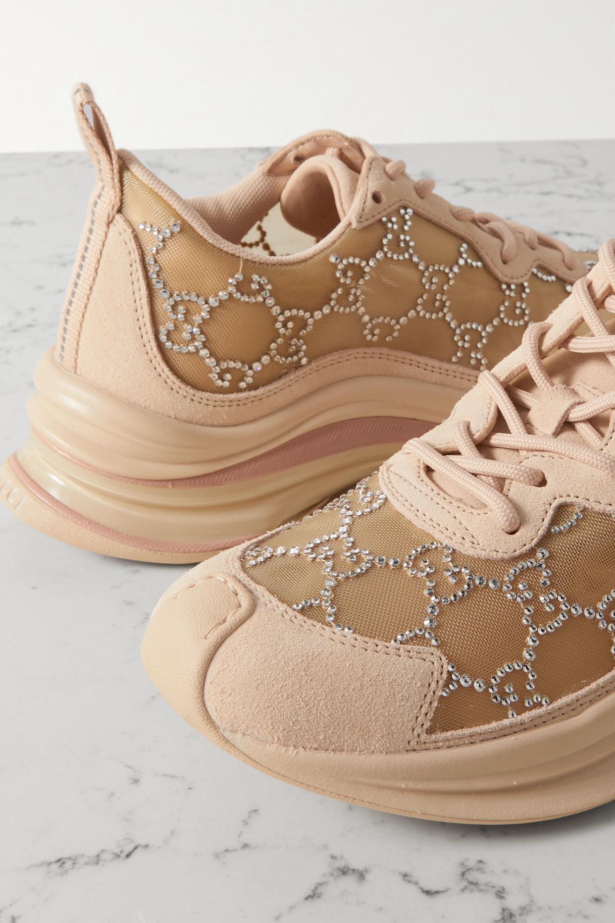 Gucci Run Gg Suede-trimmed Crystal-embellished Mesh Sneakers in Natural