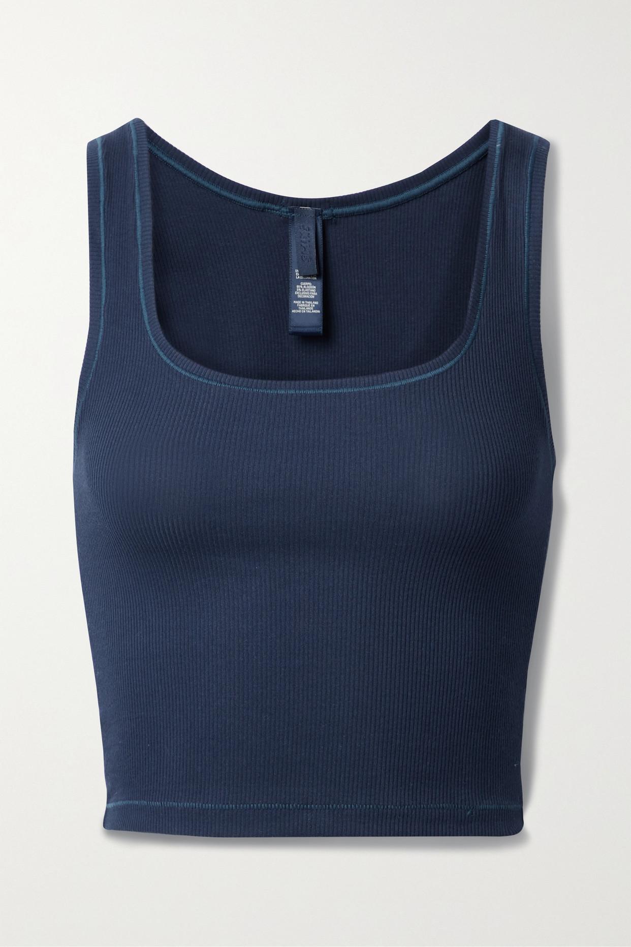 Skims Cotton Collection Cropped Ribbed Cotton-blend Jersey Tank in Blue