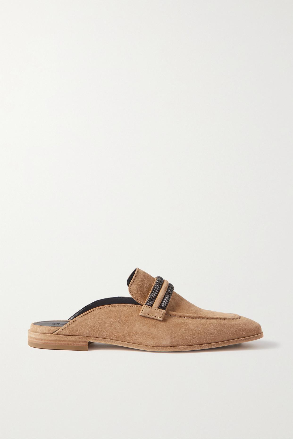Brunello Cucinelli Bead-embellished Suede Slippers in Brown | Lyst