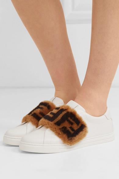 Fendi Leather Ff Motif Fur Panel Sneakers in White | Lyst
