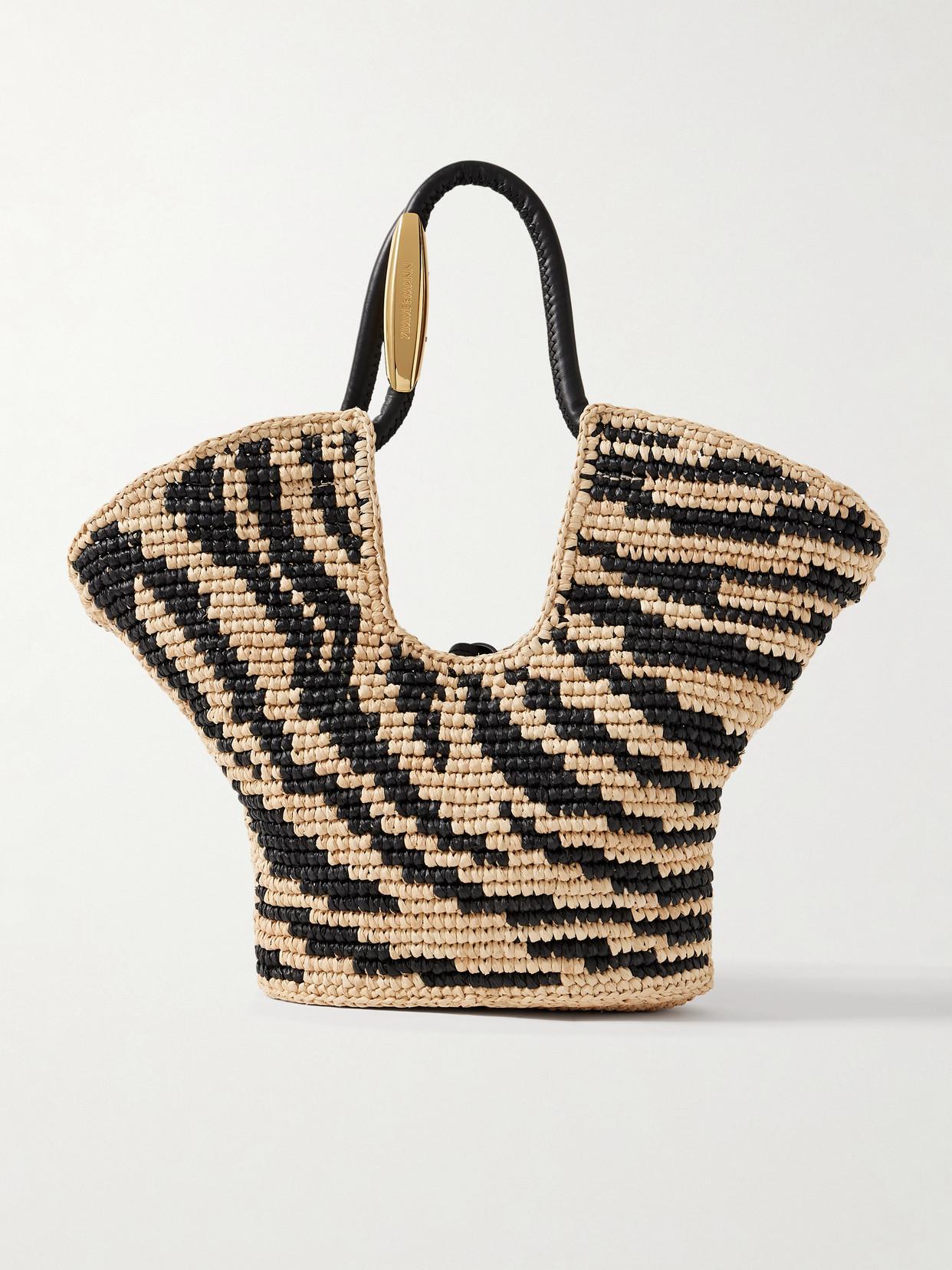 Zimmermann Goldentime Small Leather-Trimmed Raffia-Jacquard Tote