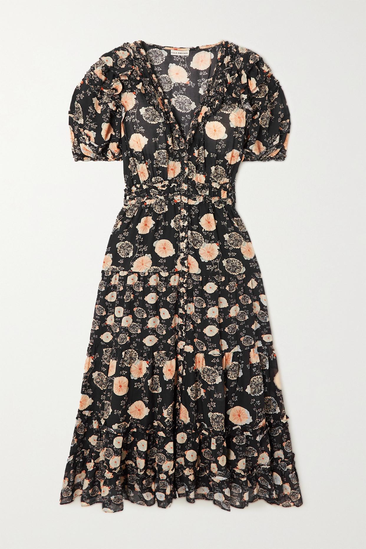 Ulla Johnson Irvette Ruffled Floral-print Cotton-blend Midi Dress in Black  | Lyst