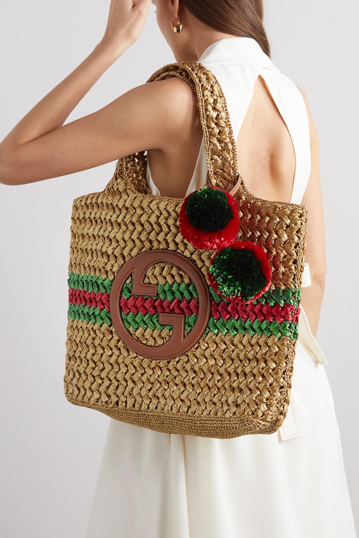 Gucci Embellished Leather-trimmed Metallic Crocheted Raffia Tote in Natural  | Lyst