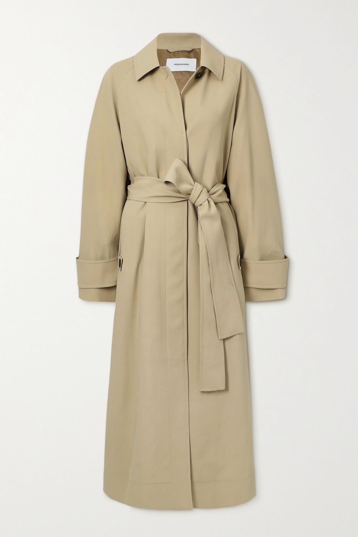 Ferragamo Belted Wool Trench Coat in Natural | Lyst