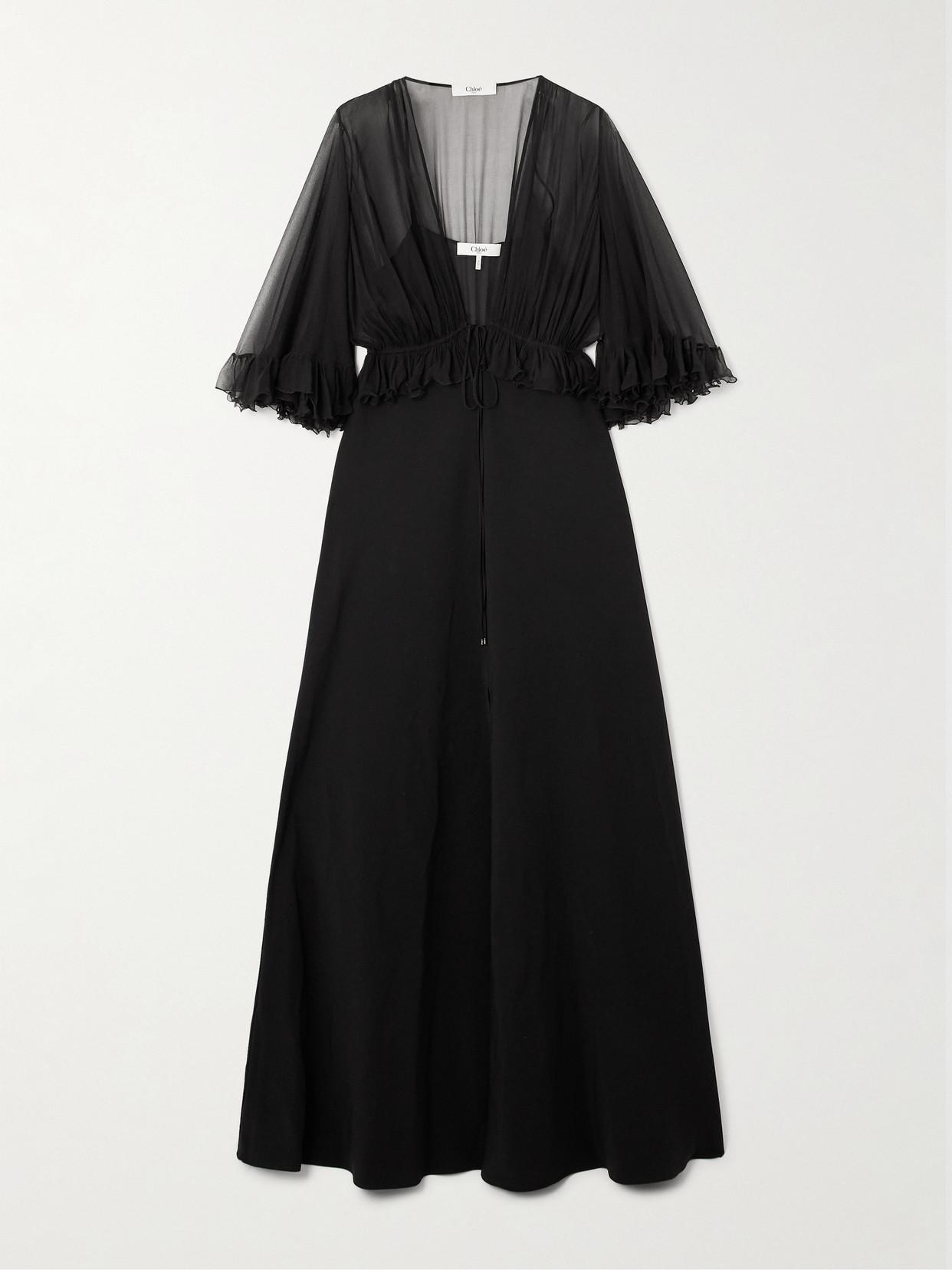 ワンピース Chloe Black silk blend long-cut dress Chloé Long Ruffled Dress In Silk Mousseline in Black | Lyst