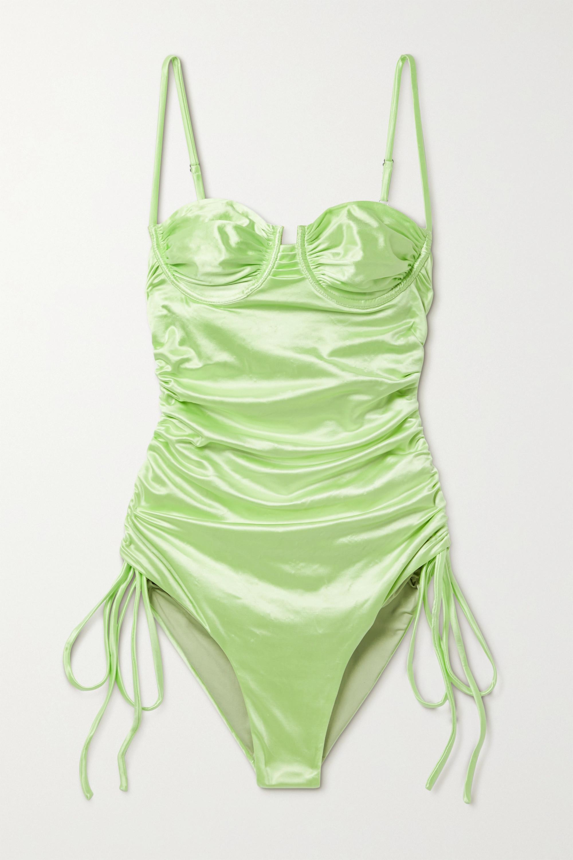 Isa Boulder Nina Ruched Stretch-satin Swimsuit in Green | Lyst Australia