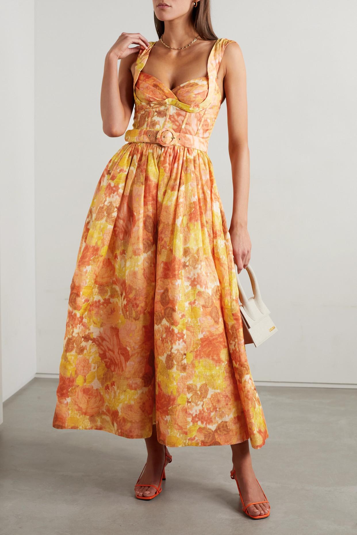 Zimmermann High Tide Belted Floral-print Linen And Silk-blend Midi Dress in  Orange | Lyst