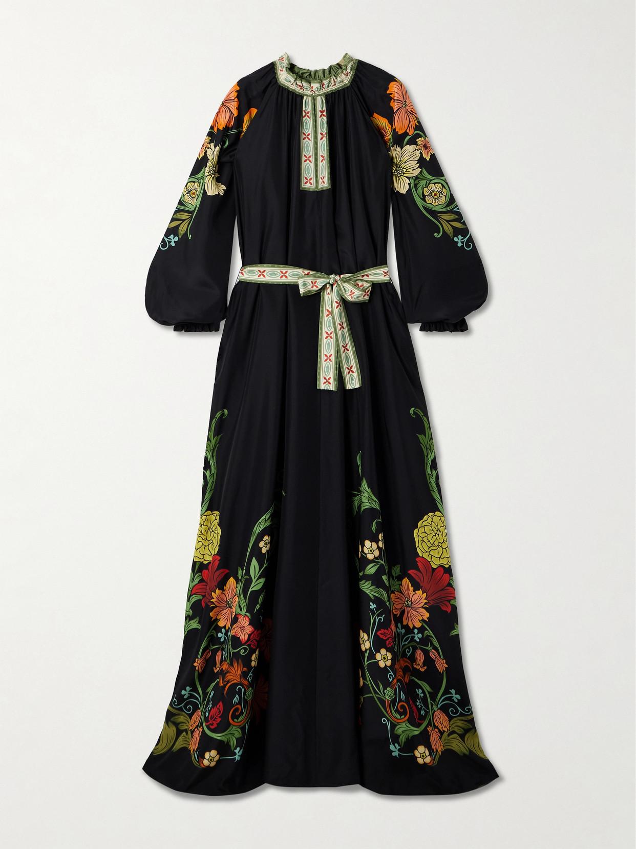 La DoubleJ Cerere Belted Floral-Print Silk-Voile Maxi Dress in Black | Lyst