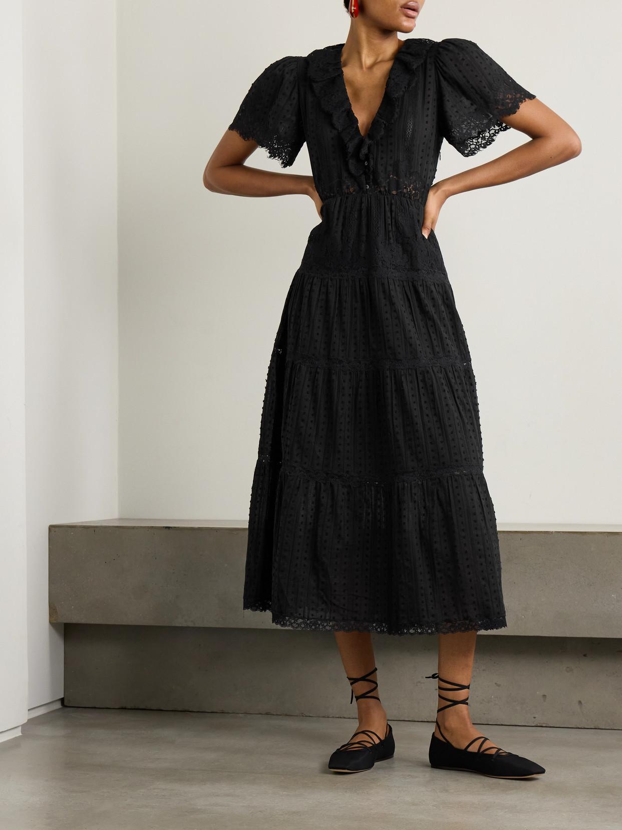 Doen Gabriella Ruffled Tiered Lace-Trimmed Point D'Esprit Cotton Dress in Black | Lyst Doen Gabriella Ruffled Tiered Lace-Trimmed Point D'Esprit Cotton Dress in Black | Lyst