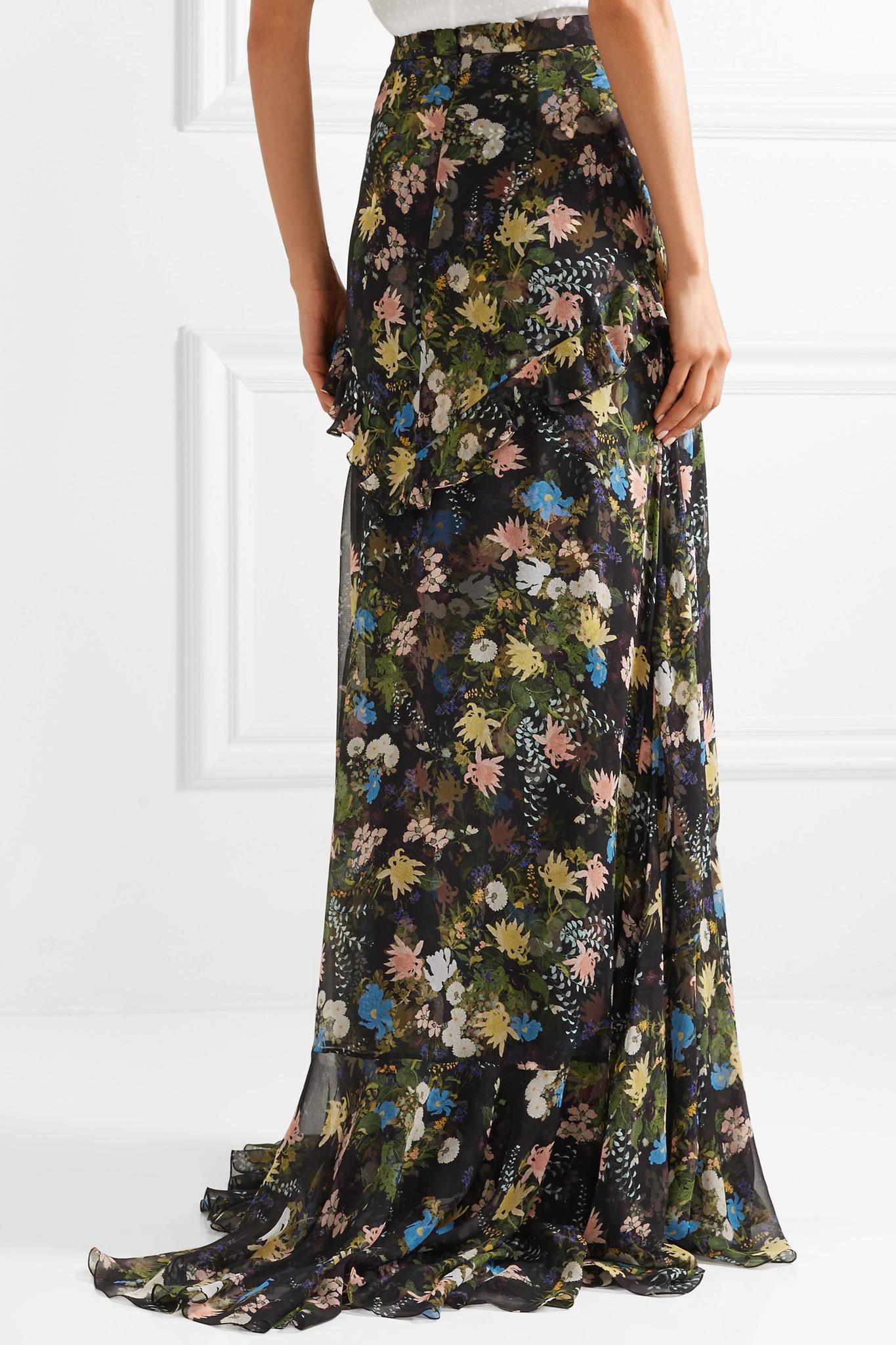 Erdem Alison Ruffled Floral-print Silk-voile Maxi Skirt in Black - Lyst
