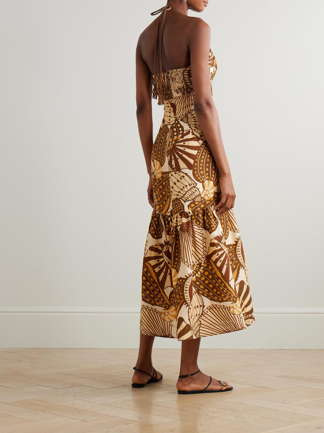 FARM Rio Tasseled Shirred Printed Linen Halterneck Maxi Dress in Natural |  Lyst