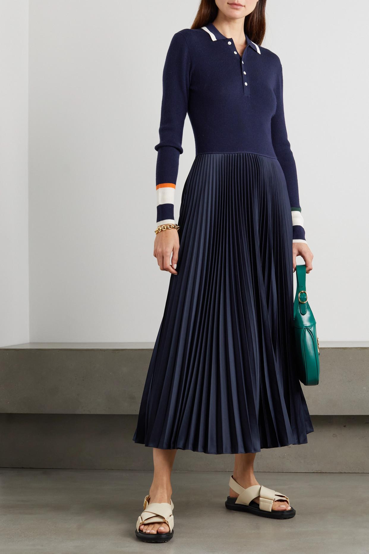 Polo Ralph Lauren Striped Wool-jersey And Pleated Satin Midi Dress in Blue  | Lyst