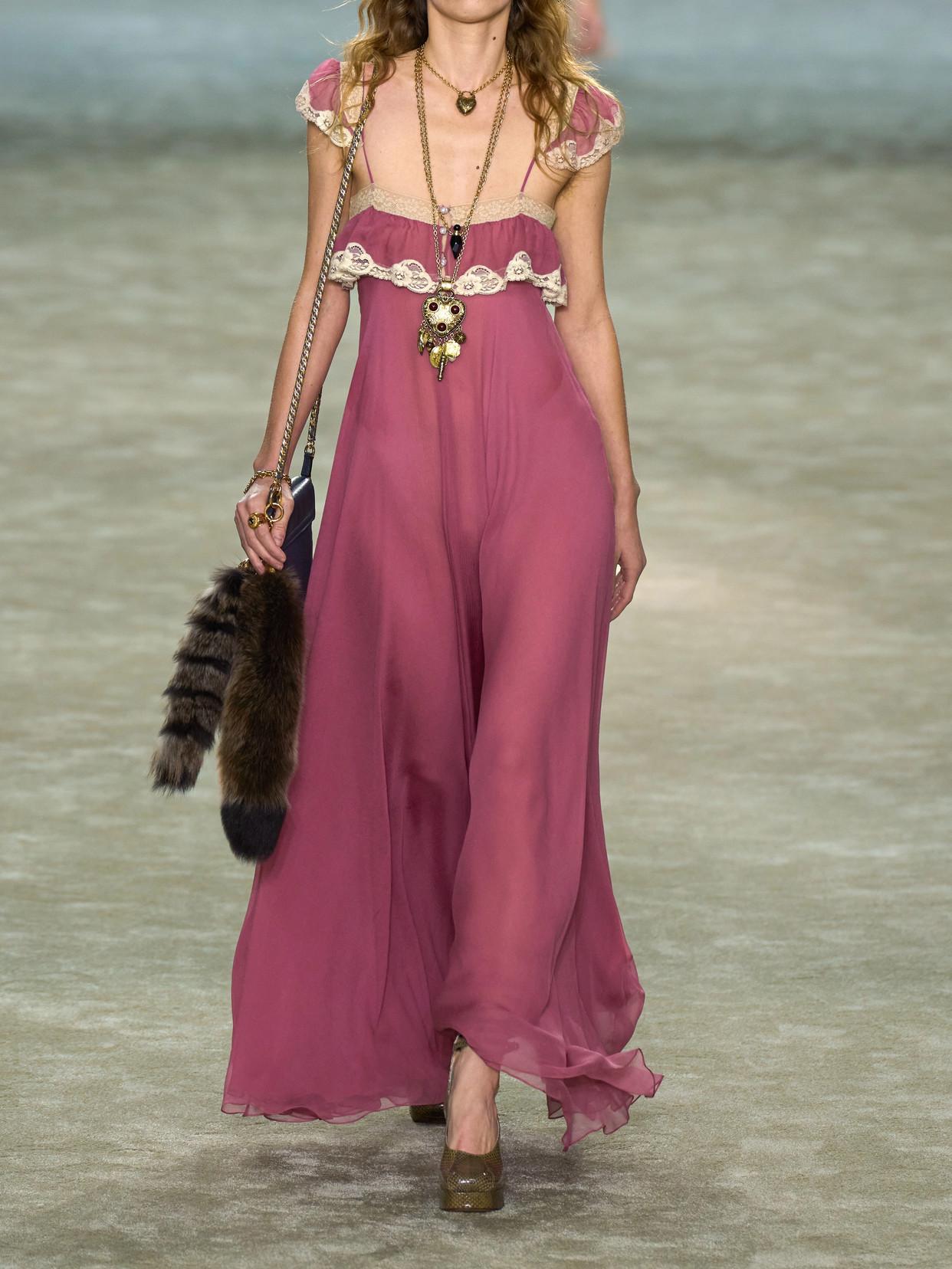 chloe pink lace dress Chlo - Long ruffled dress in Silk mousseline & lace - Garnet Pink - 40