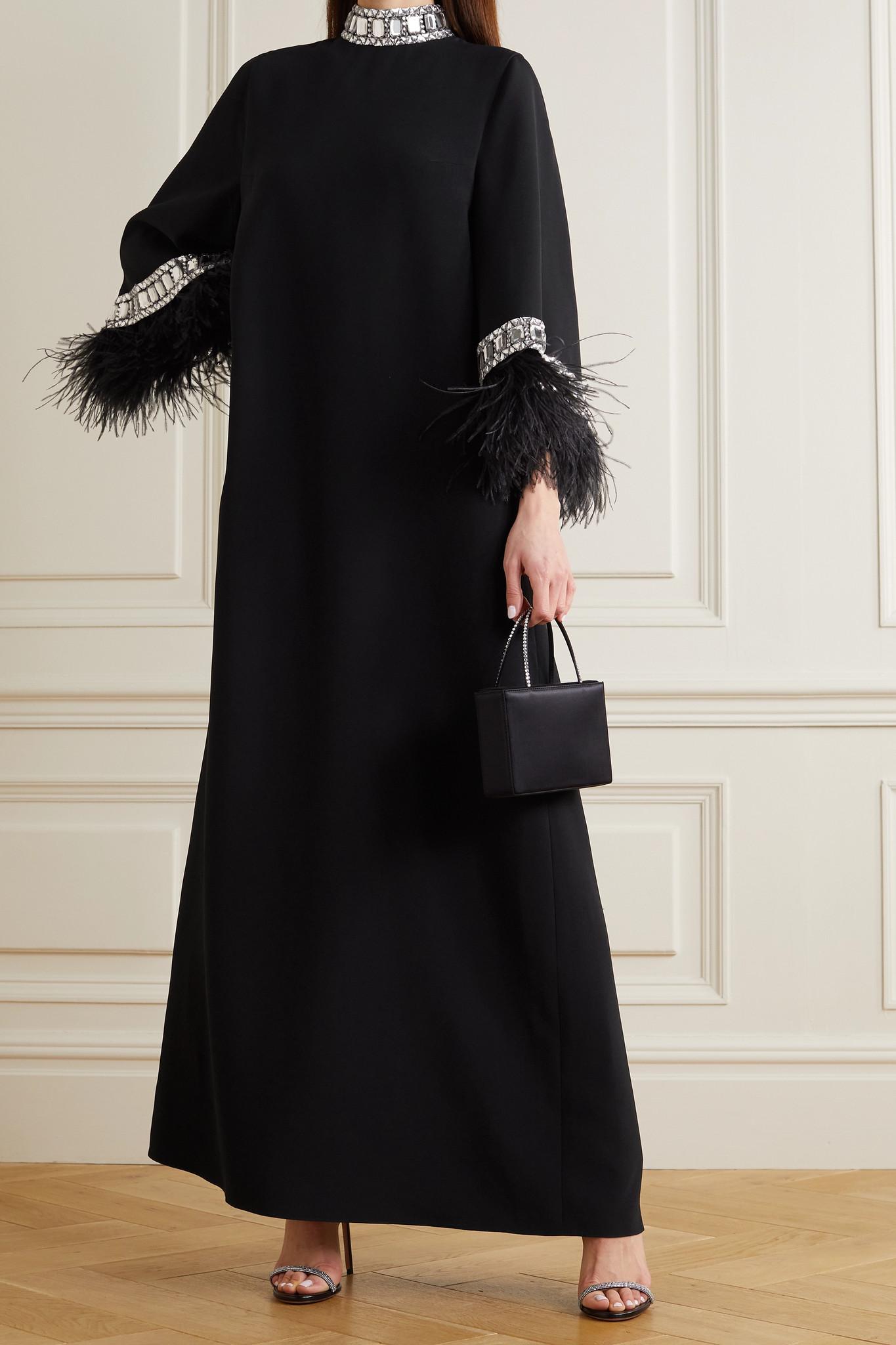 Andrew Gn Feather-trimmed Crystal-embellished Crepe Gown in Black | Lyst