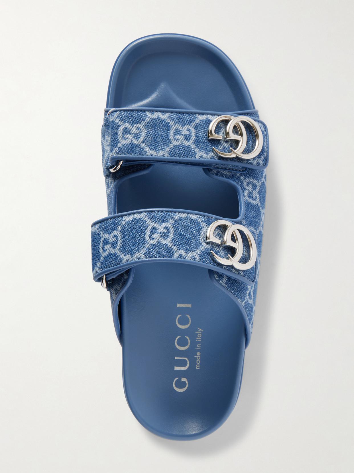 Gucci Embellished Printed Denim Sandals in Blue | Lyst