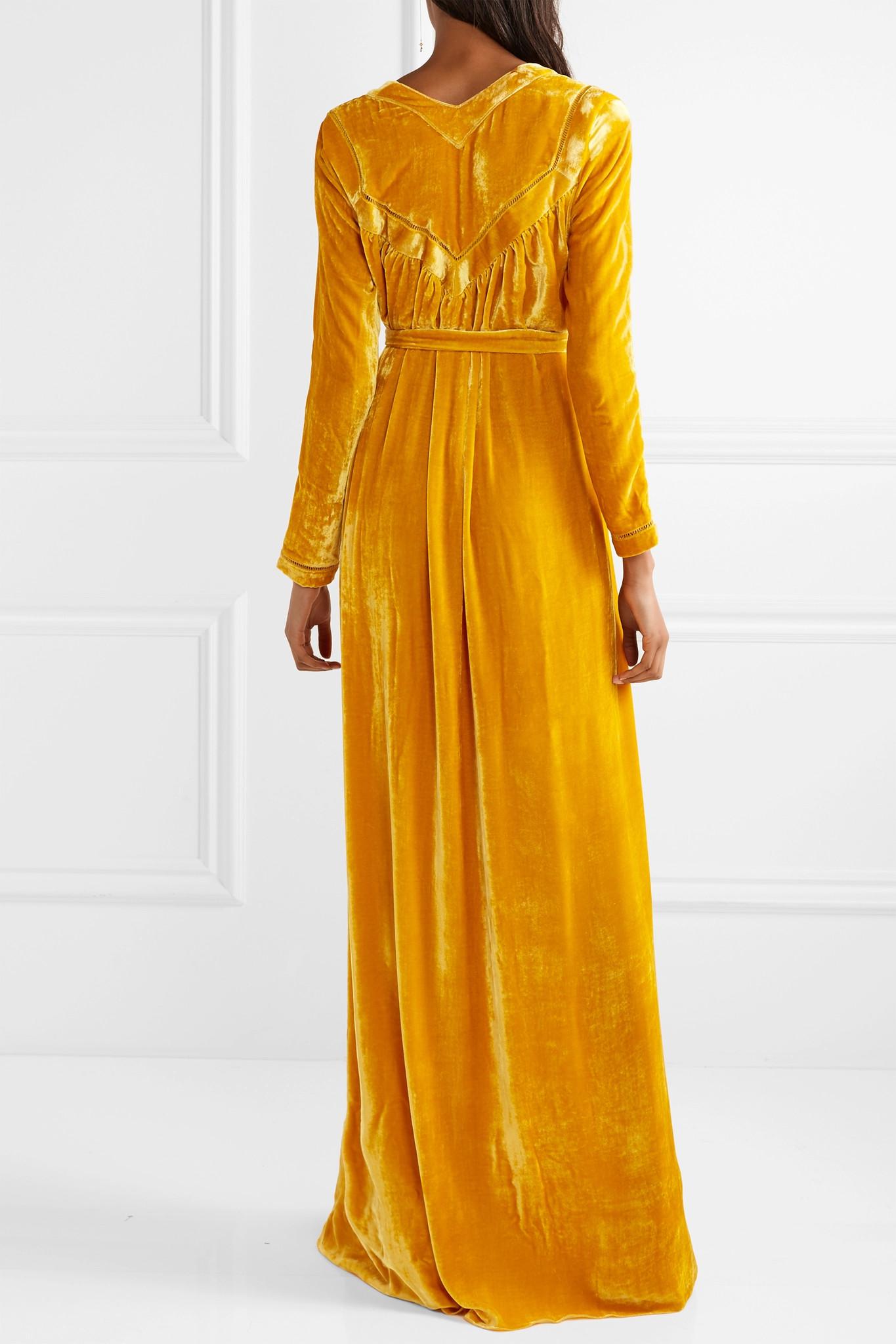 yellow velvet maxi dress