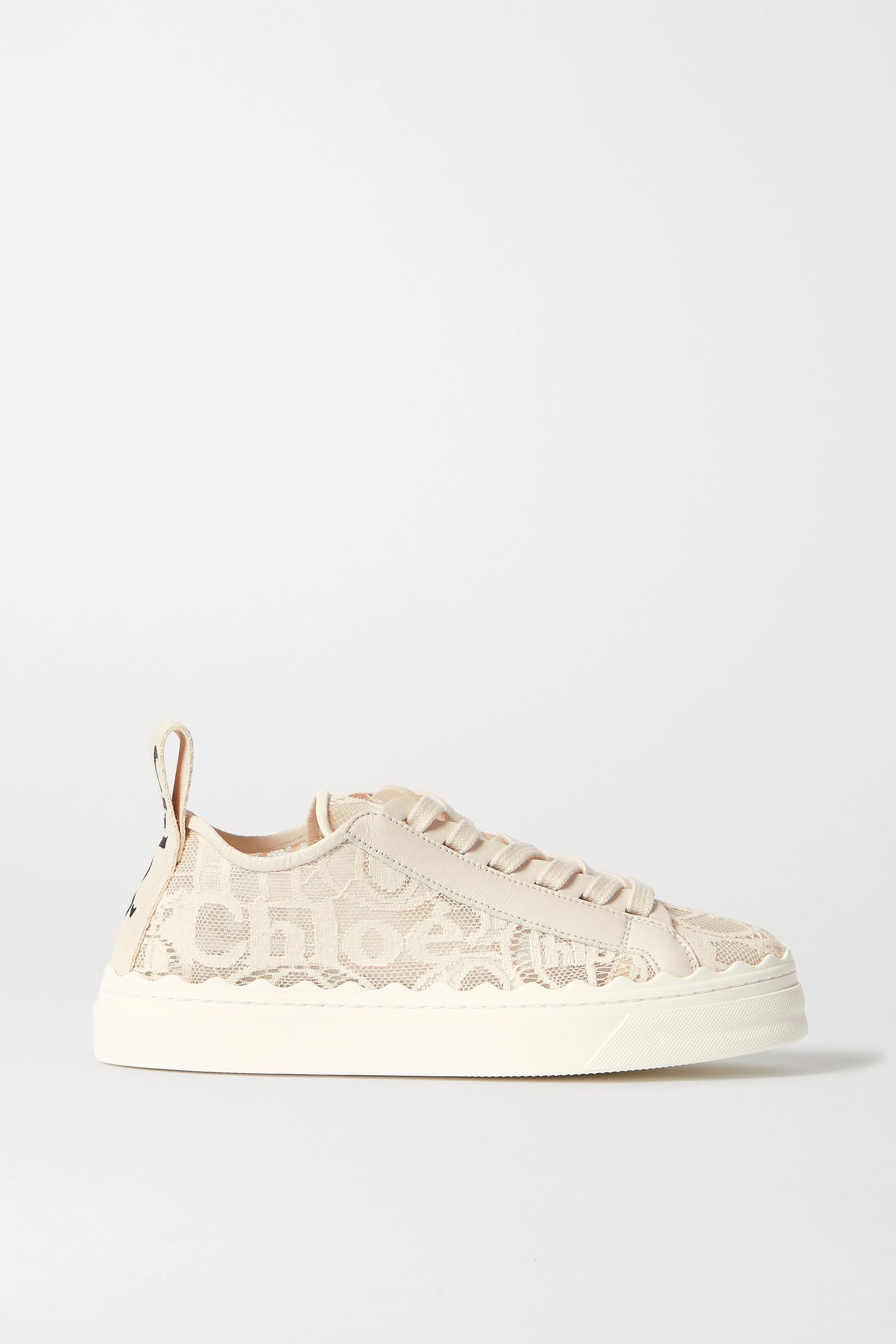 Chloé Lauren Scalloped Lace, Leather And Canvas Sneakers in White (Natural)  - Lyst