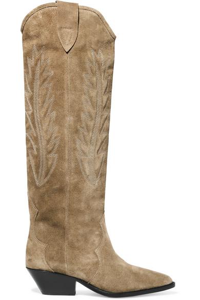 Isabel Marant Denzy Embroidered Suede Knee Boots in Natural | Lyst