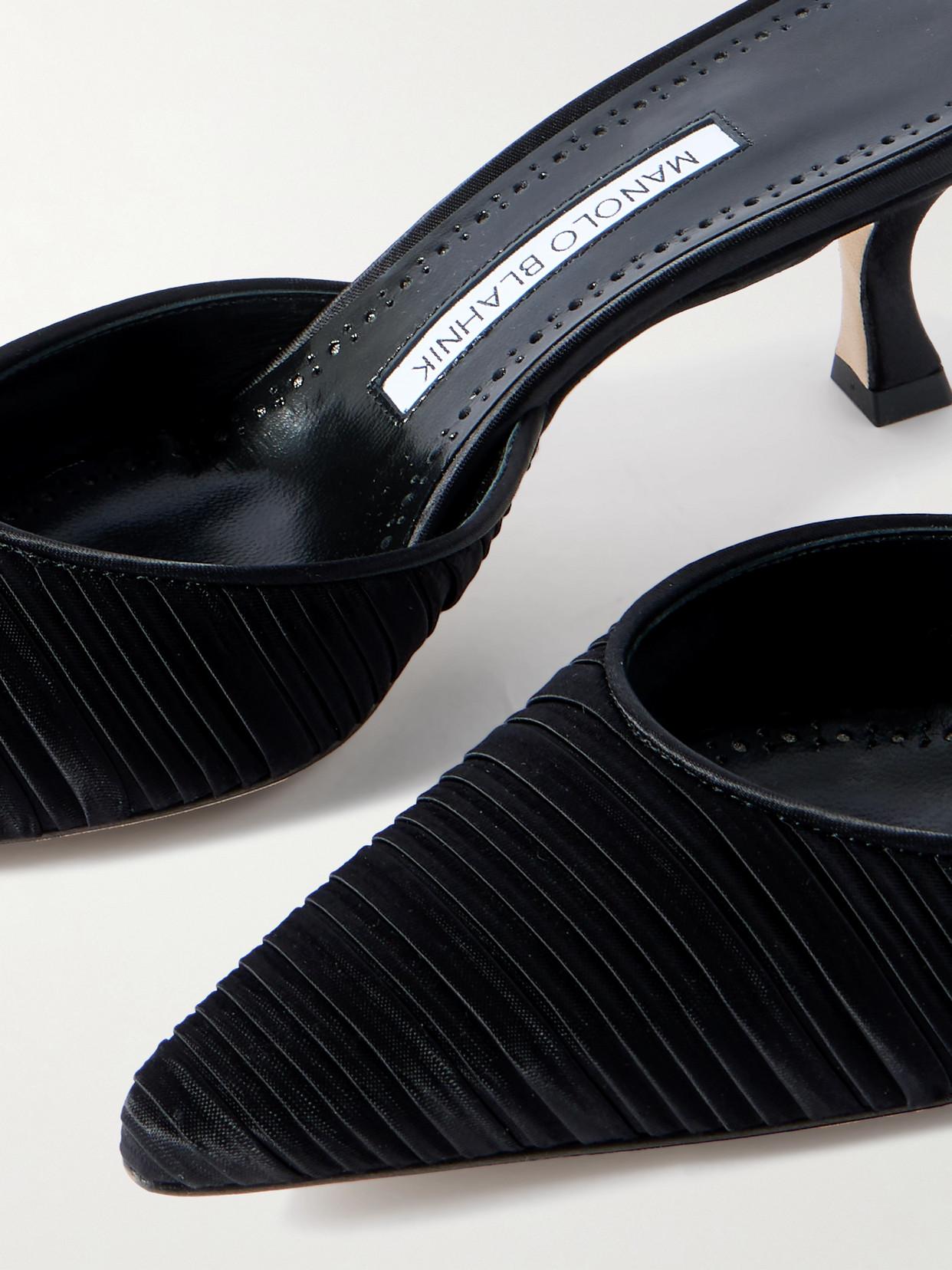Manolo Blahnik Carolyne 50 Leather-Trimmed Pleated Satin Mules in