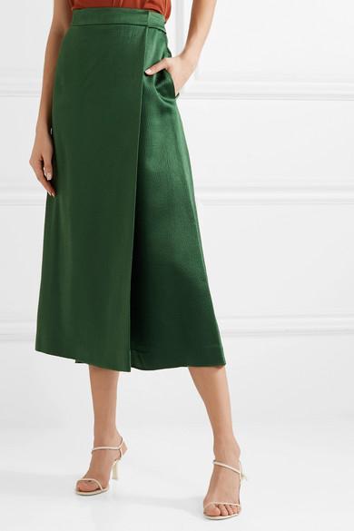 Theory Draped Skirt-effect Hammered-satin Wide-leg Pants in Emerald