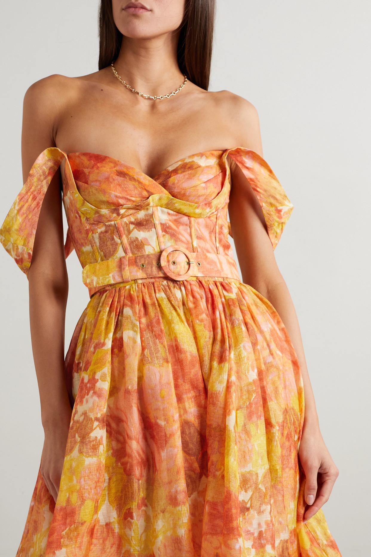 Zimmermann High Tide Belted Floral-print Linen And Silk-blend Midi Dress in  Orange | Lyst
