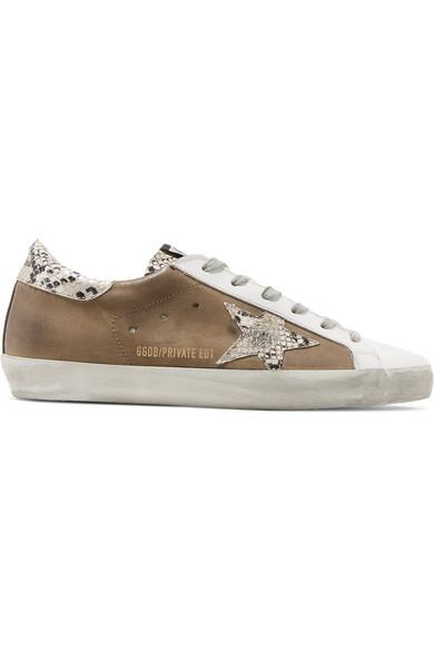 superstar distressed leather and suede sneakers
