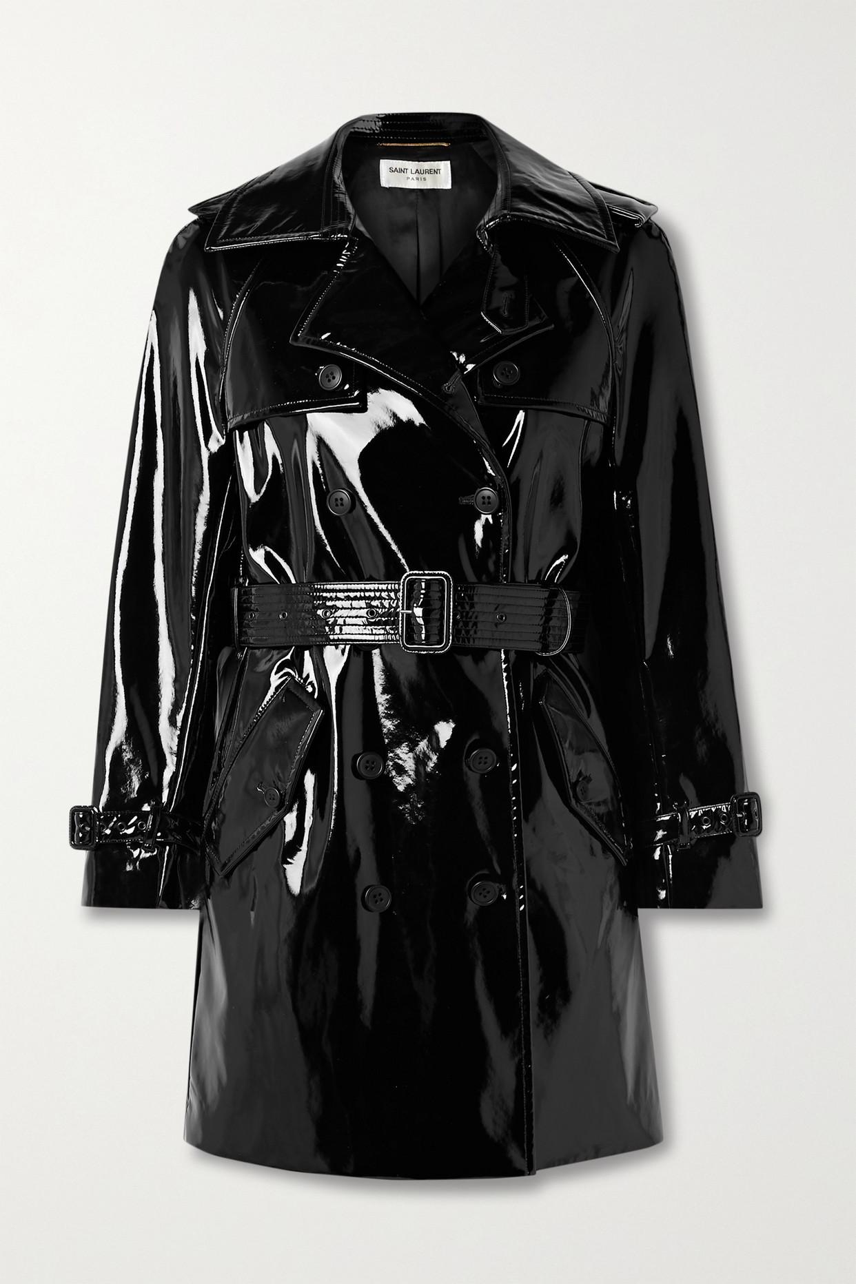 Saint Laurent Belted Faux Patent-leather Trench Coat in Black | Lyst