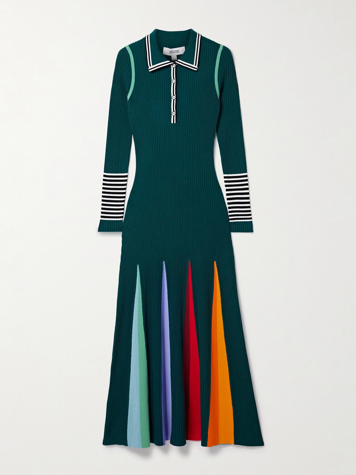 Christopher John Rogers Godet Striped Ribbed Merino Wool Polo Maxi Dress in  Green | Lyst