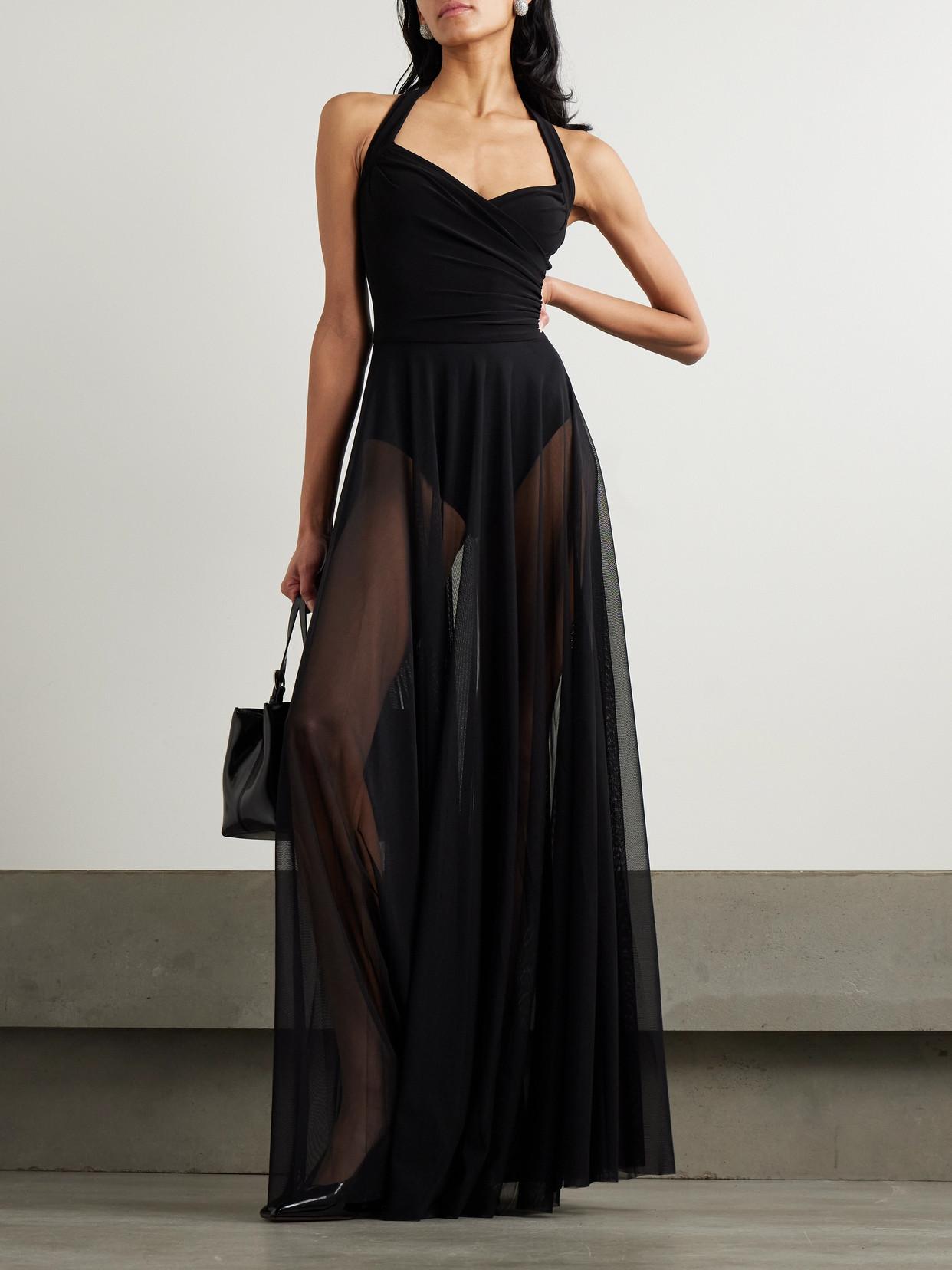 Norma Kamali Cayla Pleated Stretch-Jersey And Mesh Halterneck Maxi Dress in  Black | Lyst