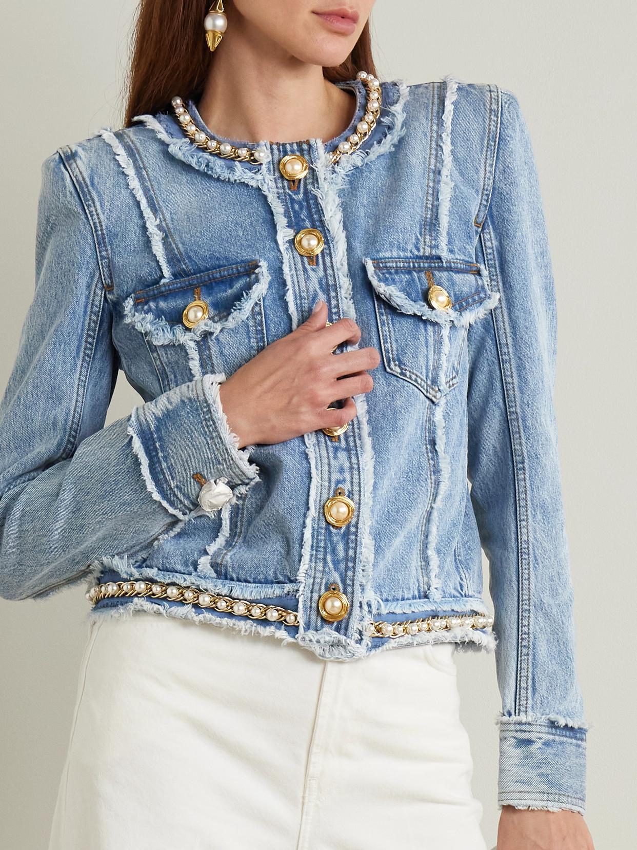 Balmain Faux Pearl-Embellished Frayed Denim Jacket in Blue Lyst