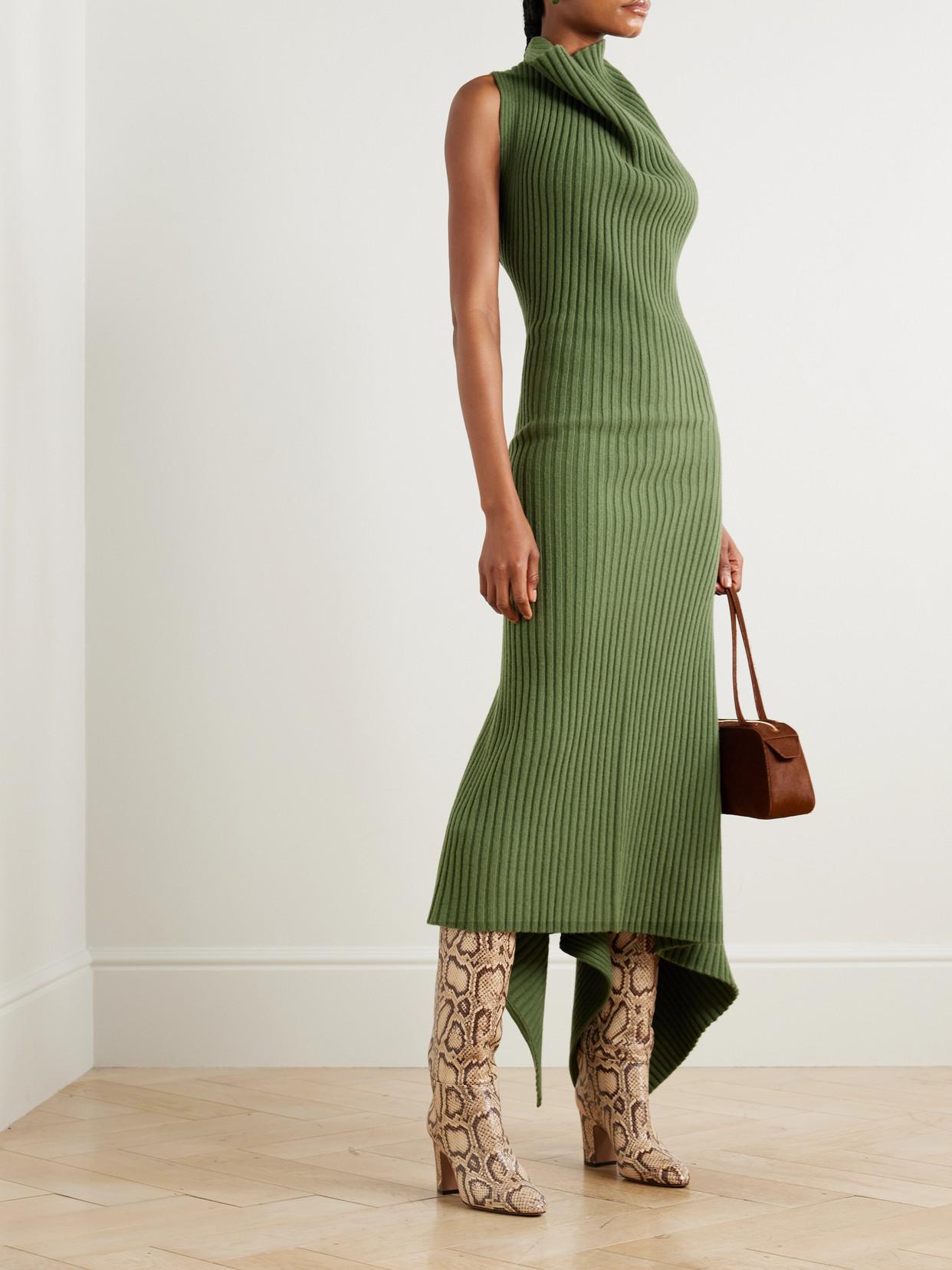Victoria Beckham Asymmetric Gathered Ribbed Wool-Blend Midi Dress in Green  | Lyst
