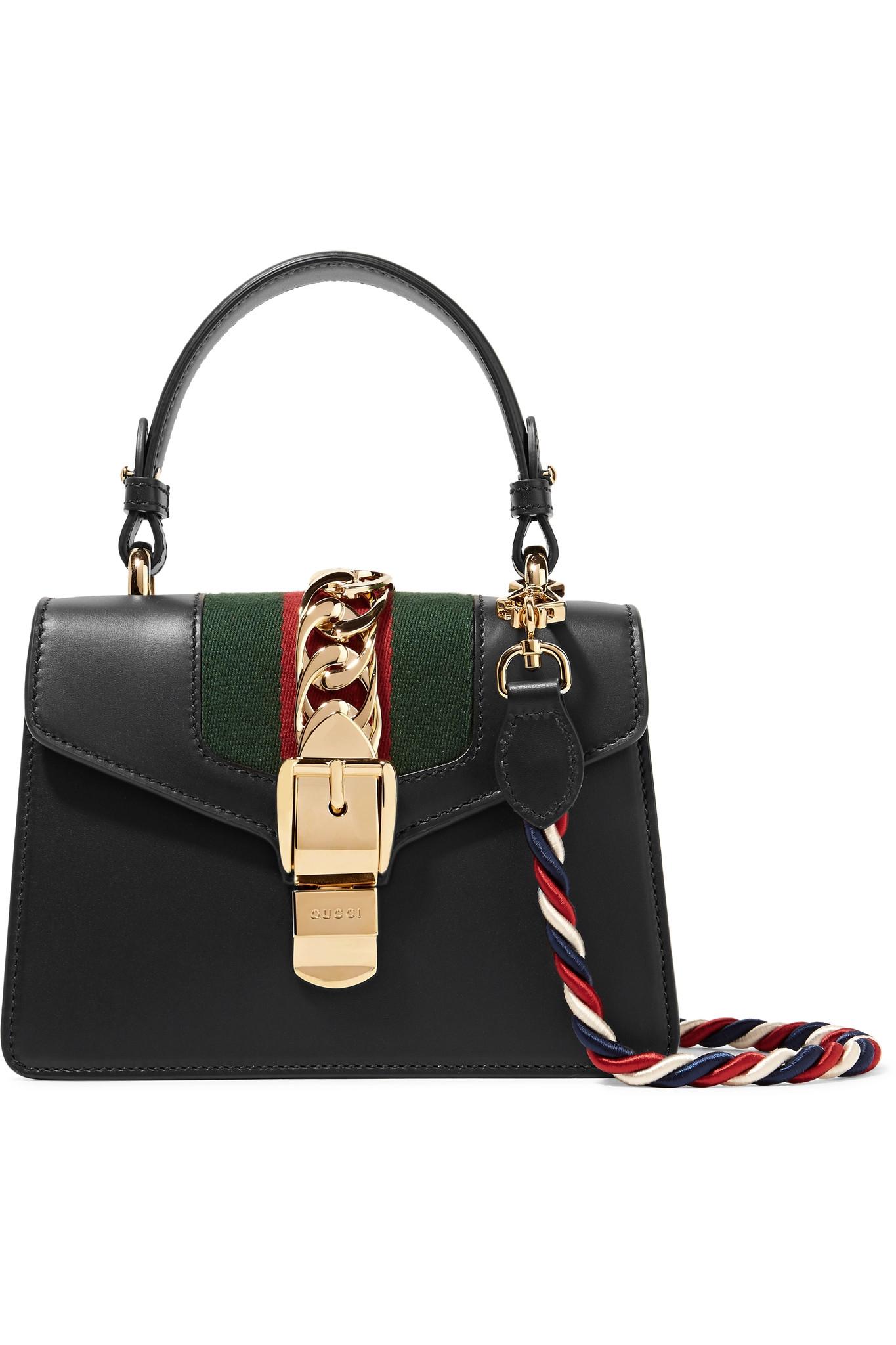 Gucci Sylvie Mini Chain-trimmed Leather And Canvas Shoulder Bag in Black - Lyst