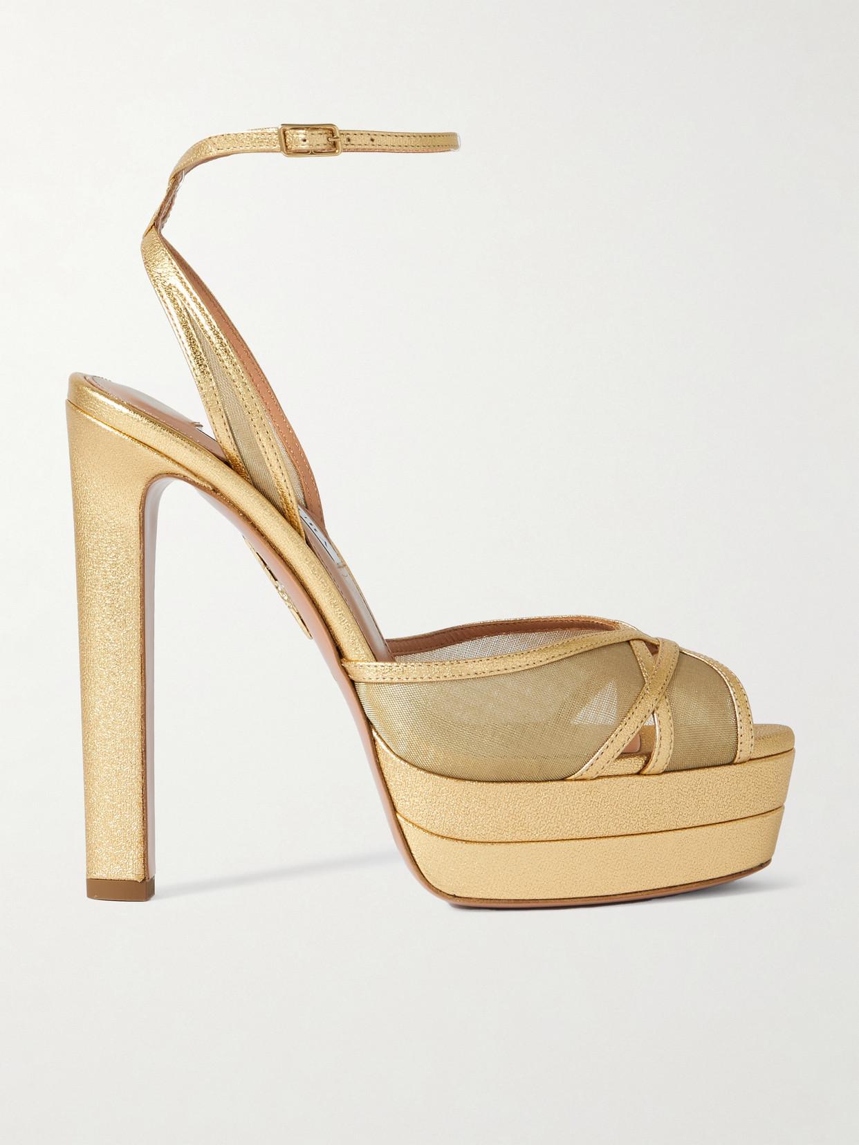 Aquazzura Shear Plateau 130 Metallic Leather-Trimmed Mesh
