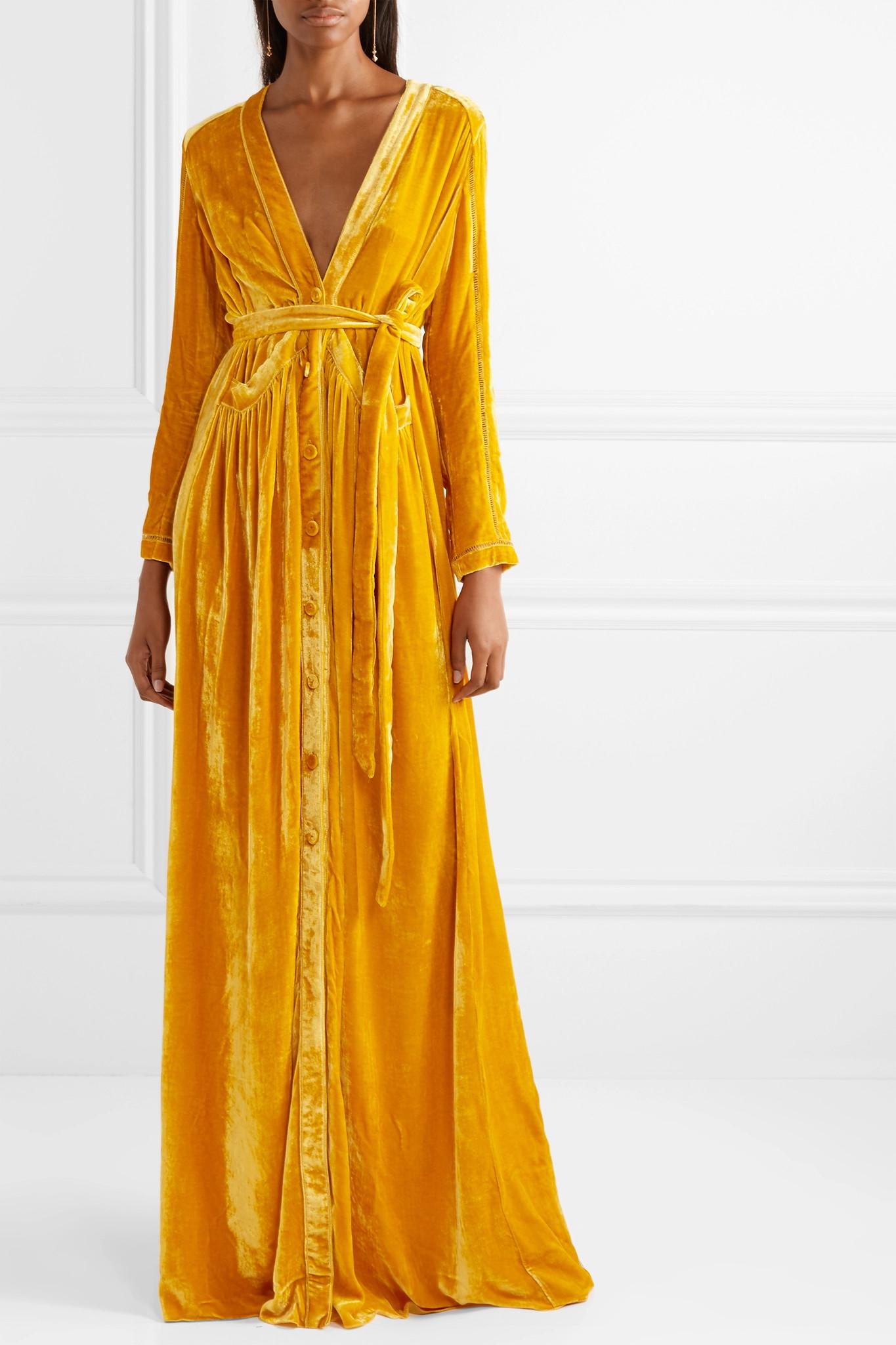 Bottega Veneta Cutout Velvet Maxi Dress in Yellow | Lyst