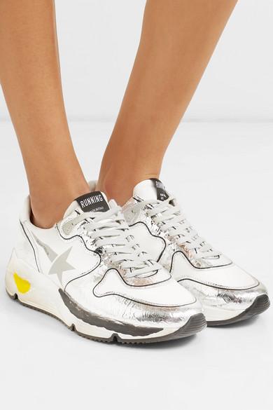 Golden goose running sole distressed metallic leather sneakers Clearance