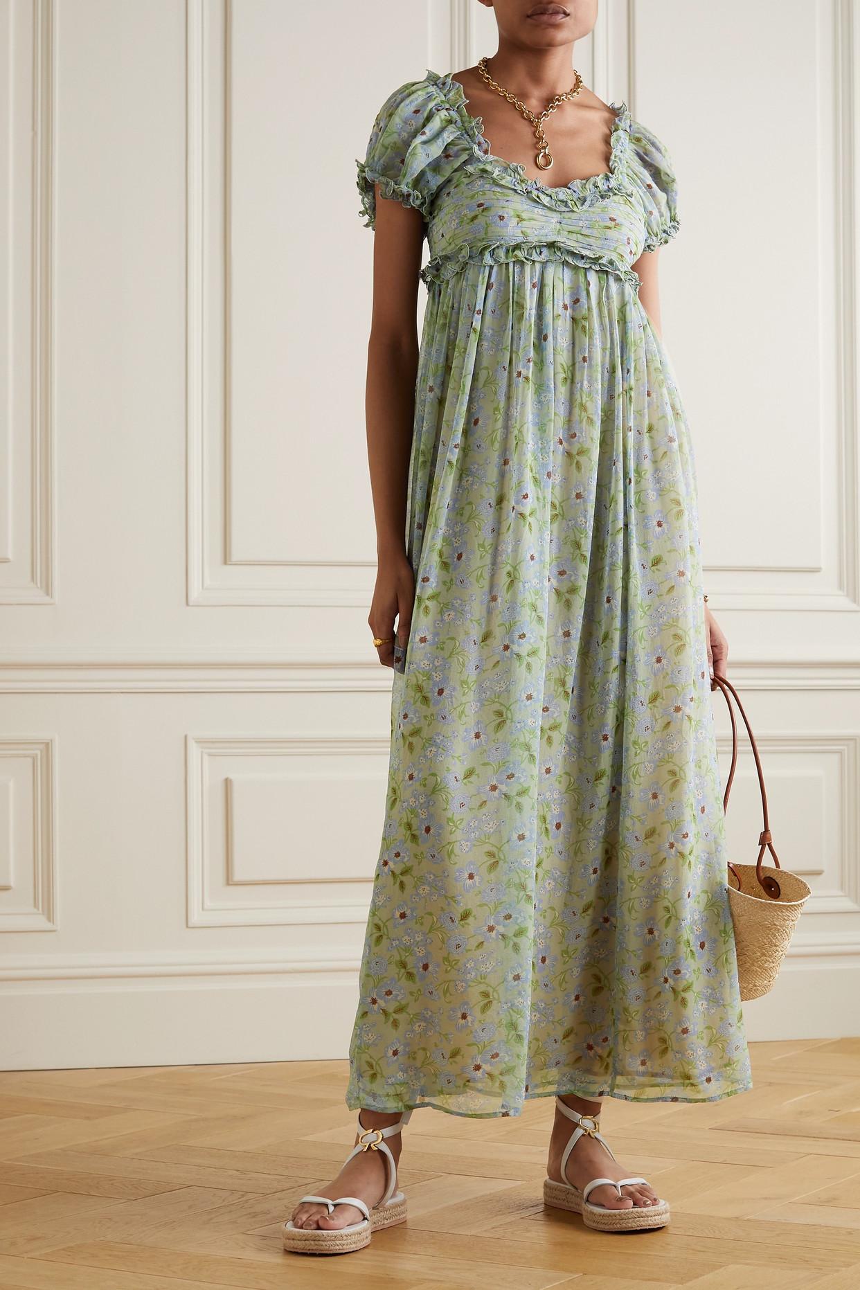 Doen Drew Ruffled Floral-print Silk-georgette Maxi Dress in Green | Lyst
