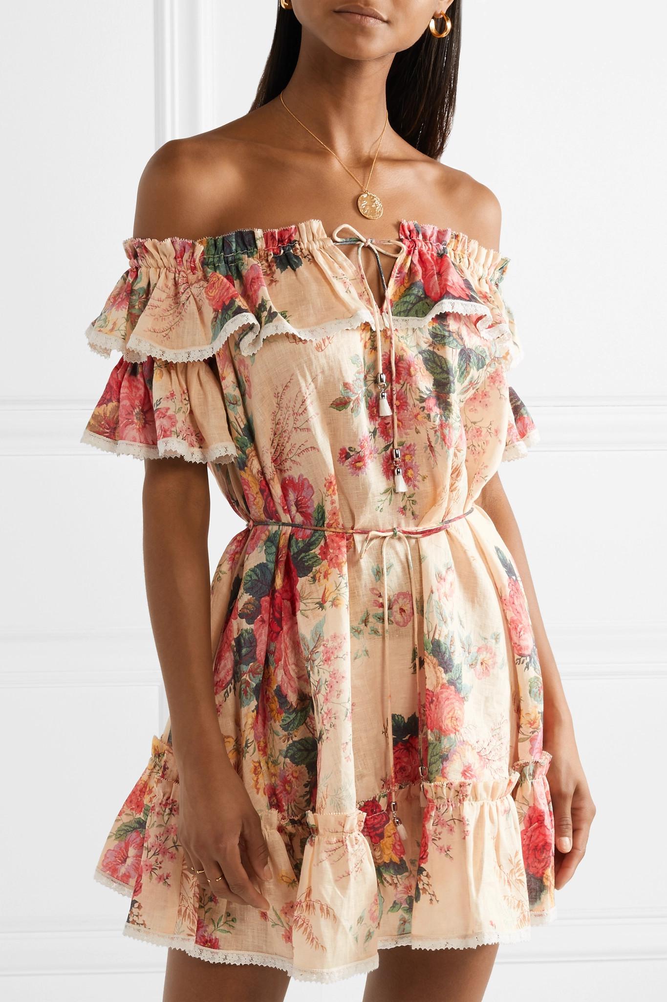 Zimmermann Laelia Off-the-shoulder Floral-print Linen Mini Dress in ...