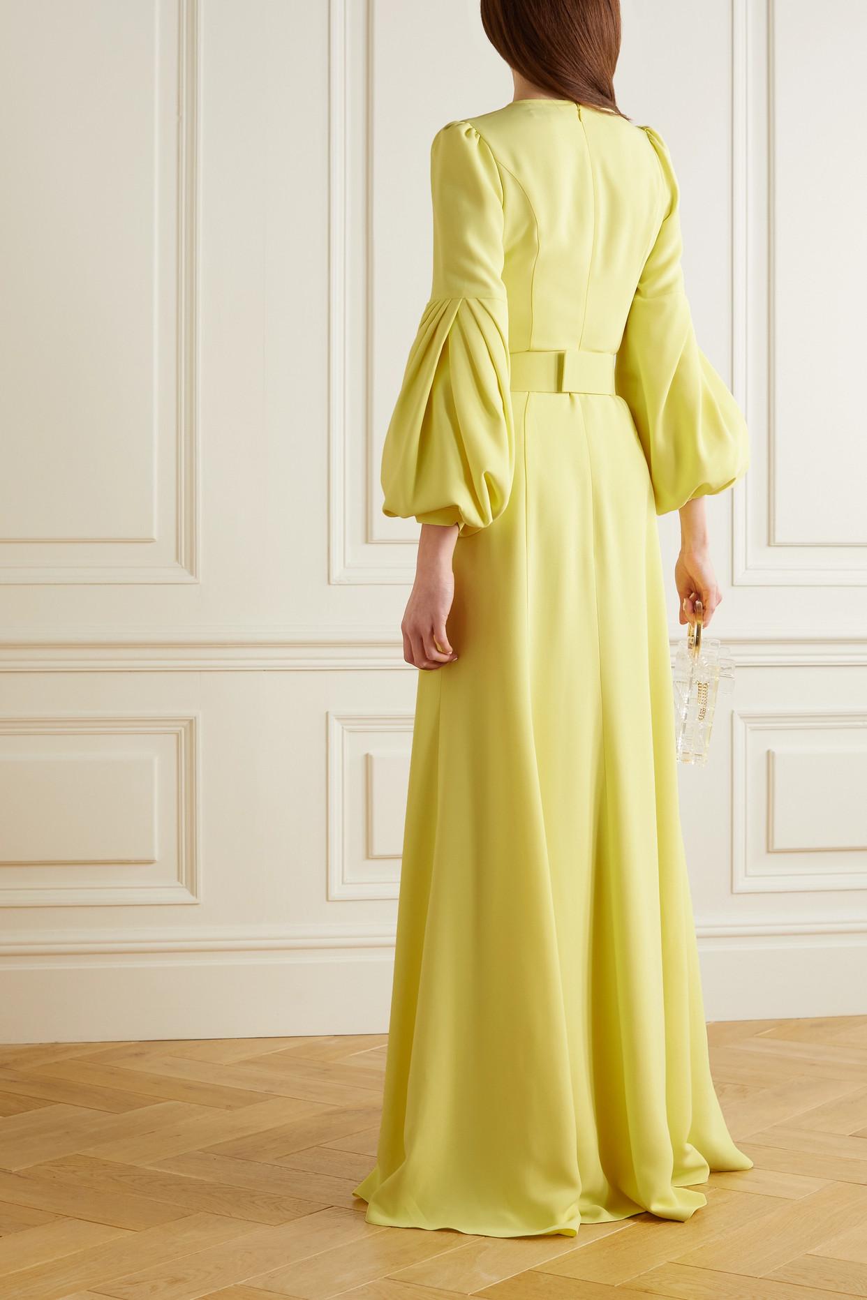 Andrew Gn Belted Crystal And Faux Pearl-embellished Crepe Gown in Yellow |  Lyst