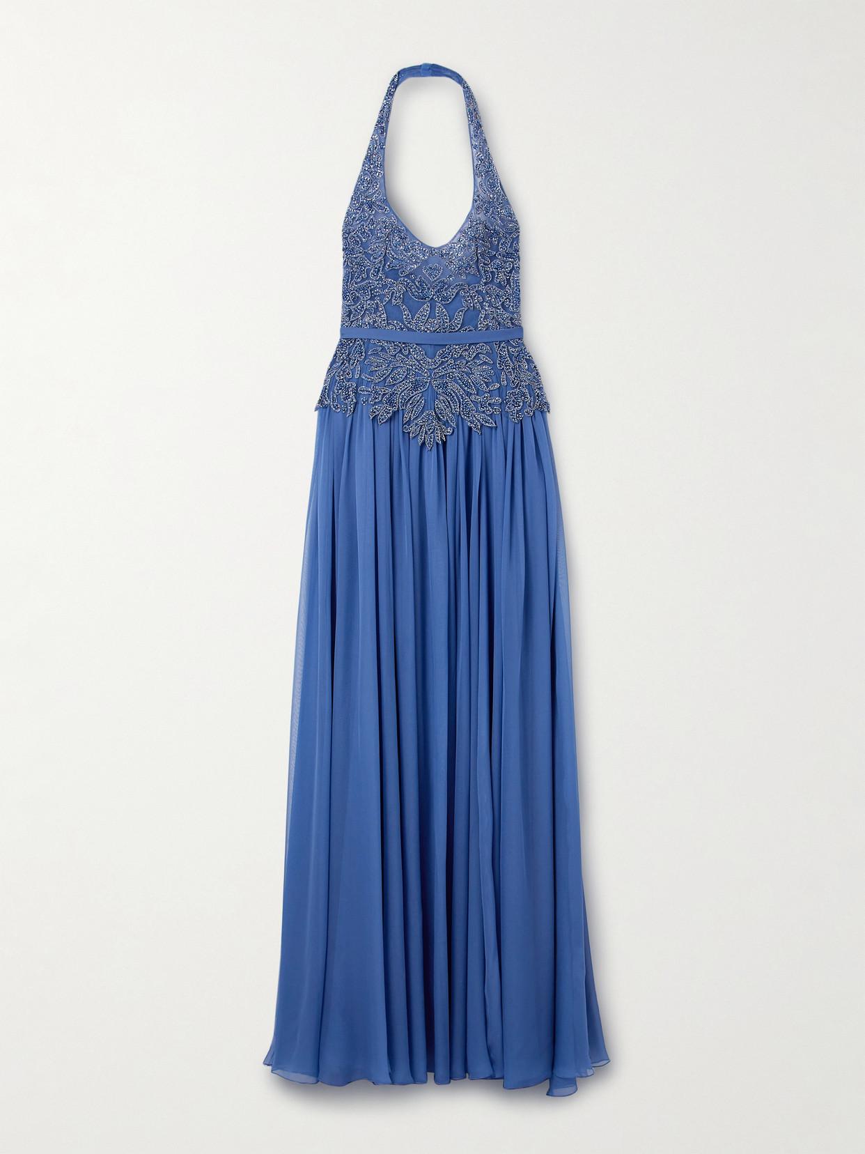 sachin and babi light blue dress Zuhair Murad Silk Crepe De Chine And Embellished Tulle Halterneck Gown in  Blue