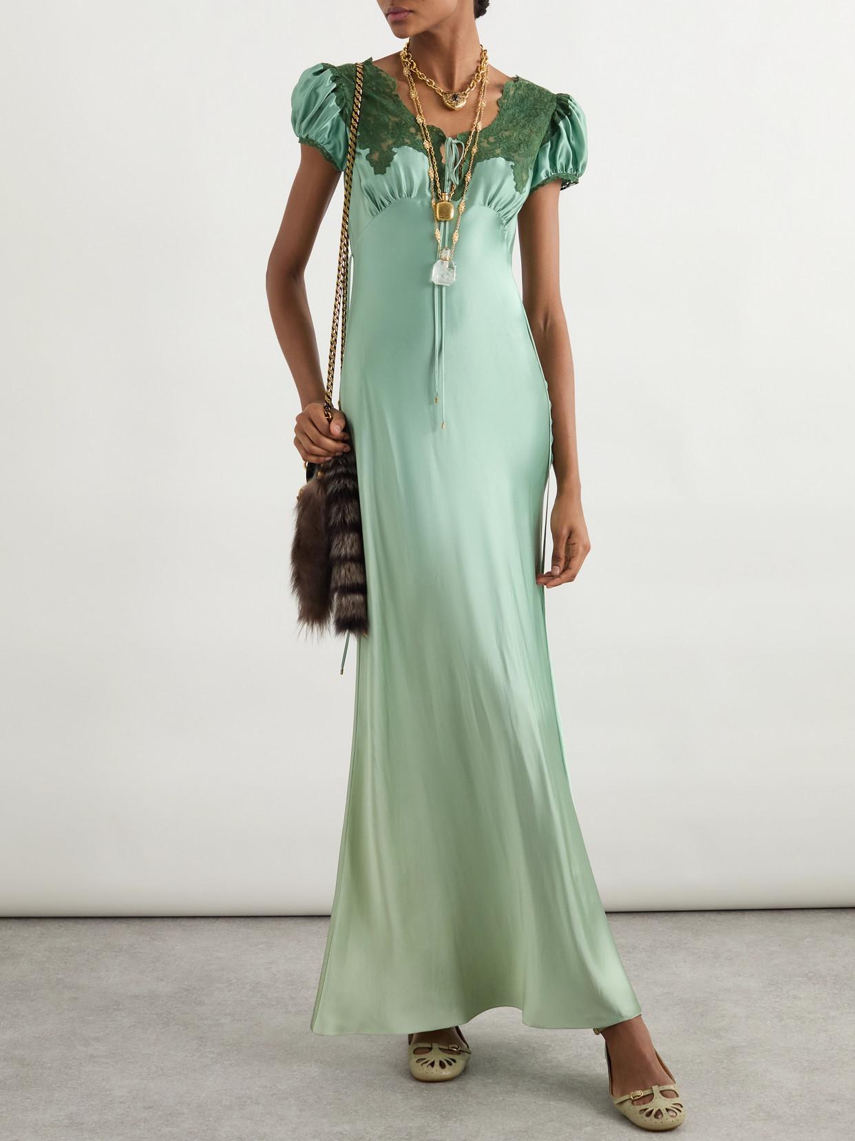 Chlo Lace-Trimmed Silk-Satin Gown in Green | Lyst