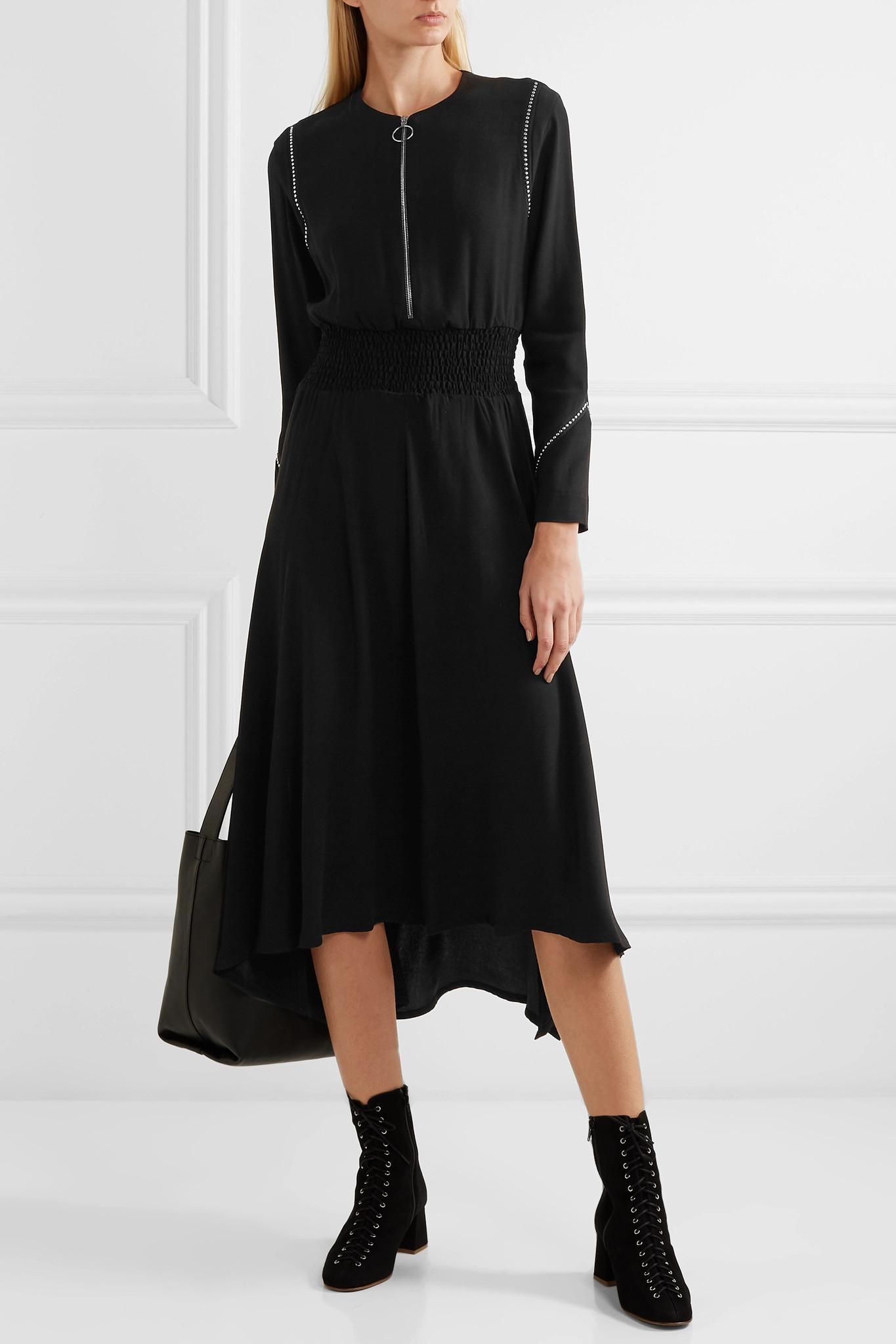 Maje Synthetic Asymmetric Studded Crepe Midi Dress in Black - Lyst